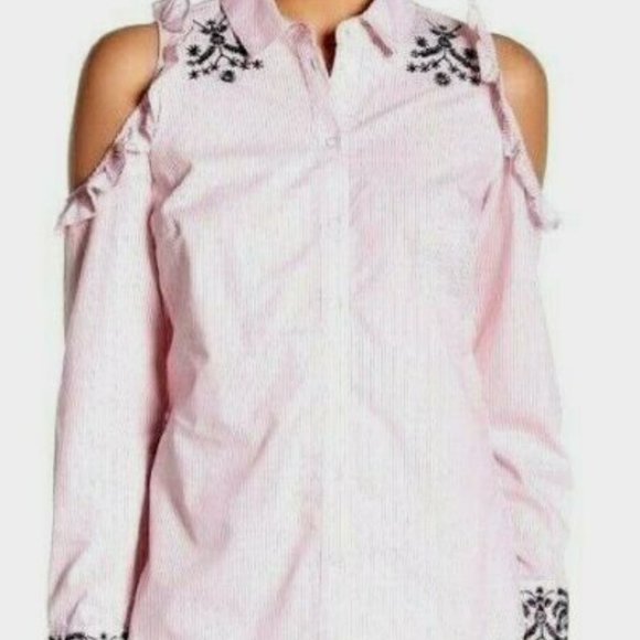 Nanette Lepore Flamingo Dreams Button Shirt Medium Pink White Stripe Embroidered - Picture 2 of 6